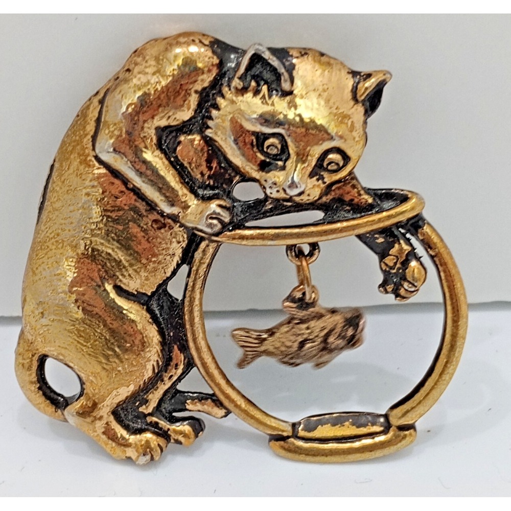 Vintage Cat Fish Bowl Brooch Gold Tone Figural Animal 2"